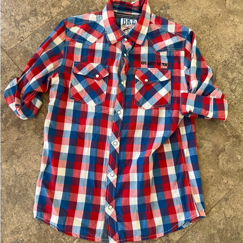 BKE Vintage Slim Fit Long Sleeve Snap Down Shirt Plaid Flannel, Men's size M